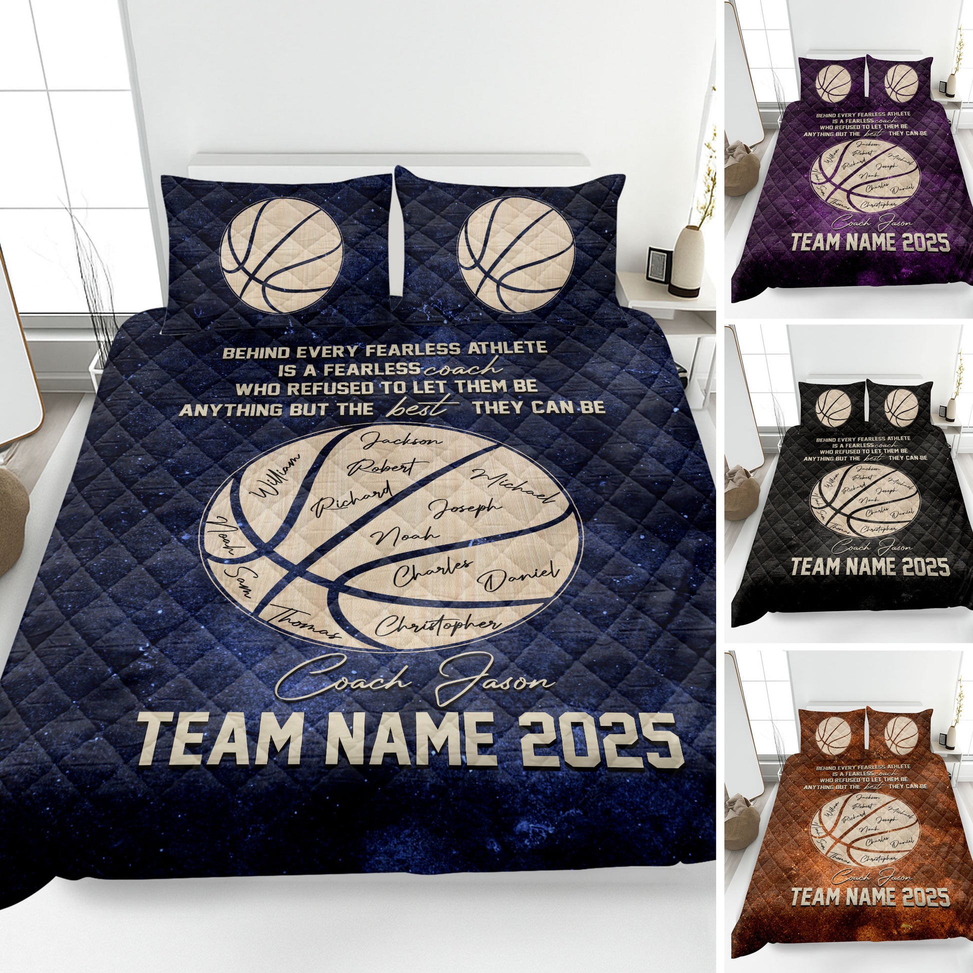 Basketball quilt blanket displayed on a bed with basketball artwork, team message, and dark blue colorway