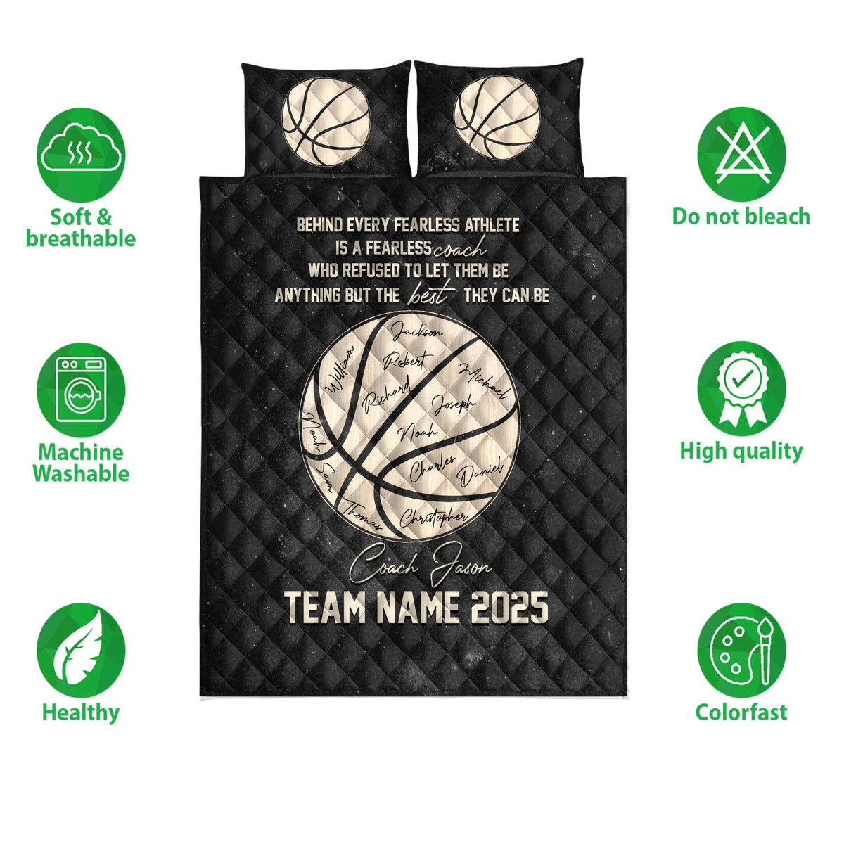 Black basketball quilt bedding shown with matching basketball pillow designs and feature icons