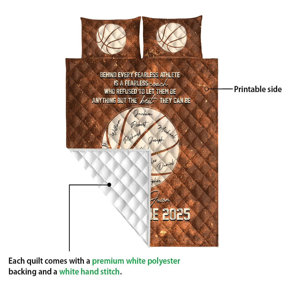 Brown basketball quilt showing the printed front and white quilted backing detail