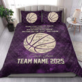 Purple basketball quilt blanket styled on a bedroom bed with bold basketball artwork