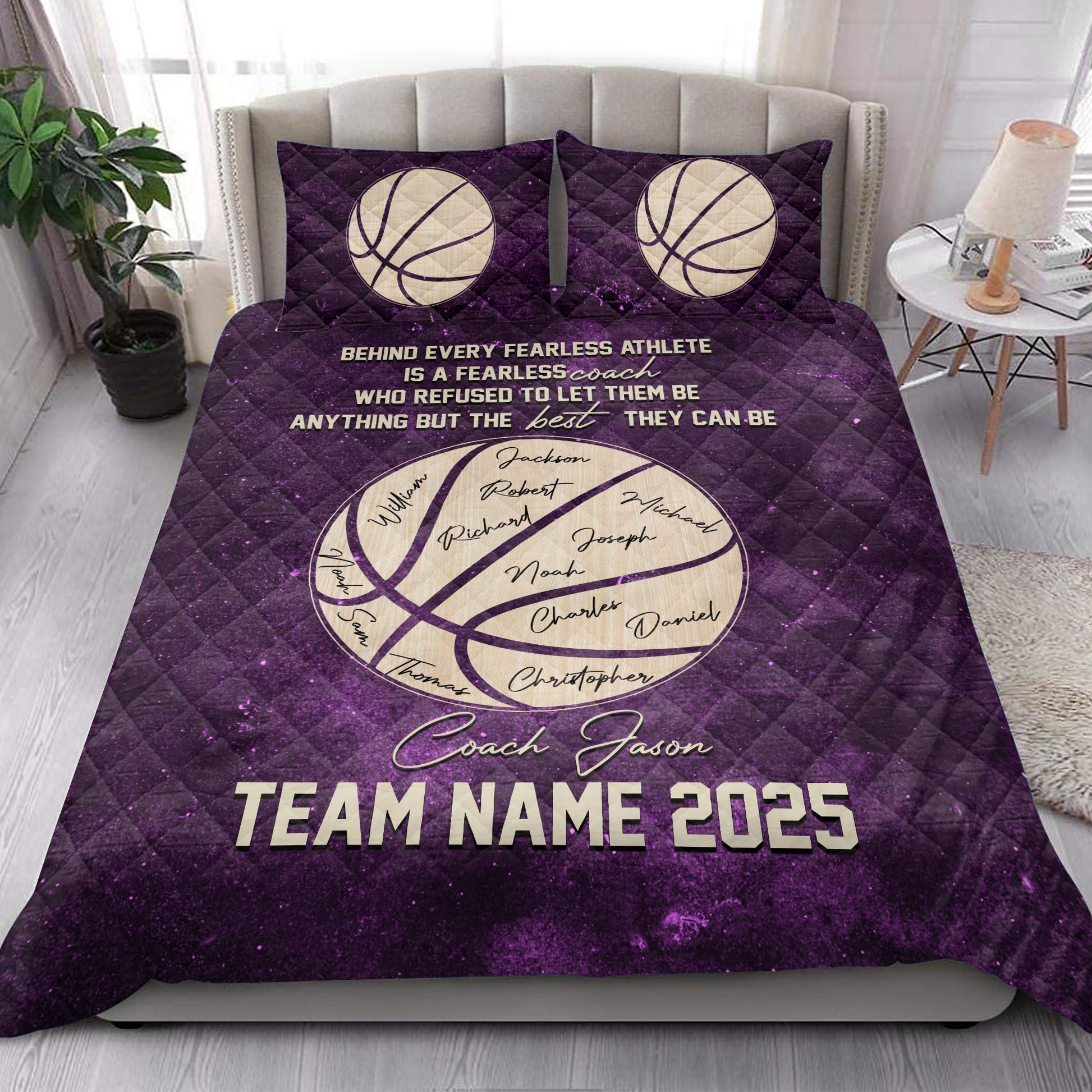 Purple basketball quilt blanket styled on a bedroom bed with bold basketball artwork