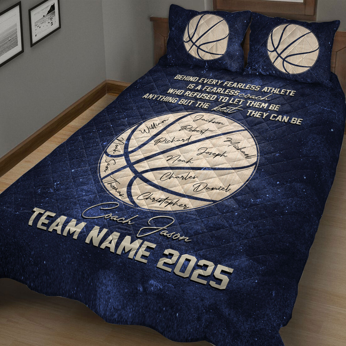 Close view of navy basketball quilt bedding with basketball graphics and team-inspired design