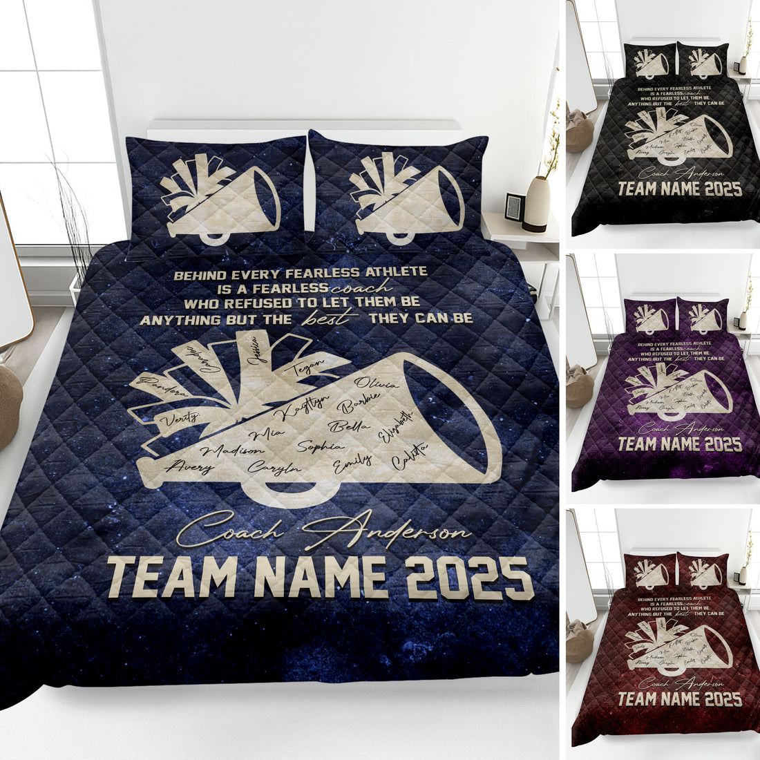 Cheerleading quilt blanket bedding set with megaphone artwork, team tribute design, and color variations