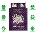 Purple cheerleading quilt blanket with megaphone design, team tribute artwork, and breathable care icons