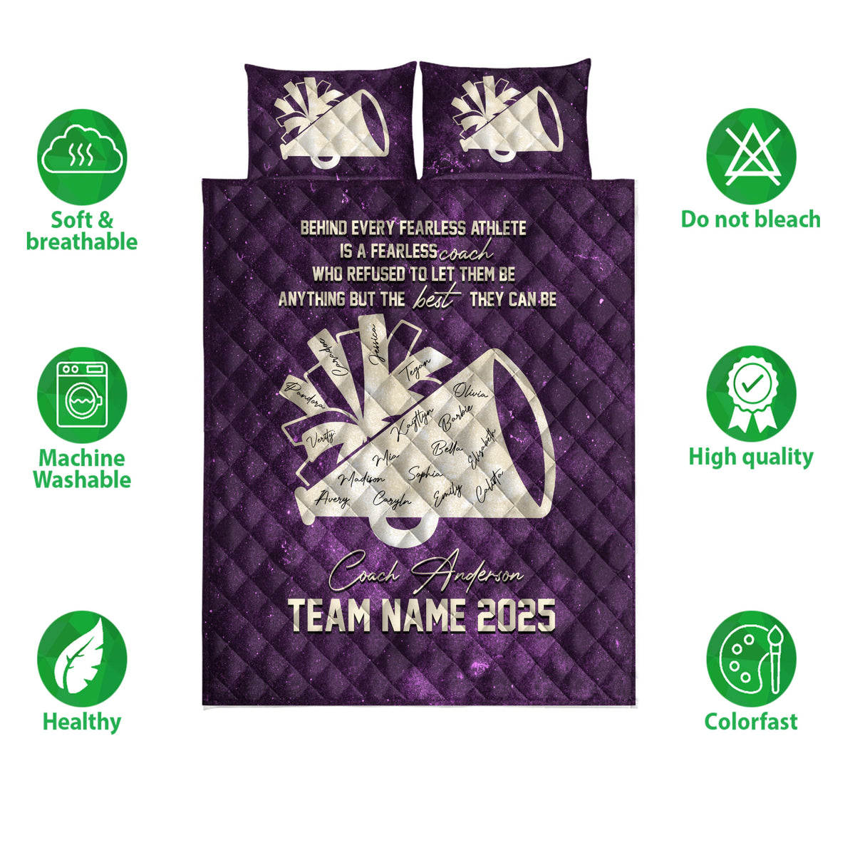 Purple cheerleading quilt blanket with megaphone design, team tribute artwork, and breathable care icons