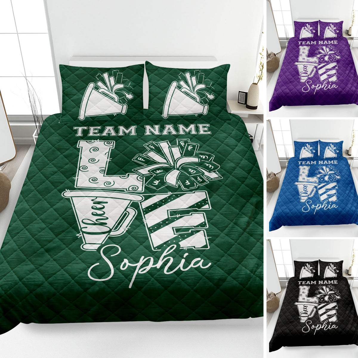 Cheerleading quilt blanket displayed on a bed with pom poms, megaphones, bows, and bold team-inspired artwork