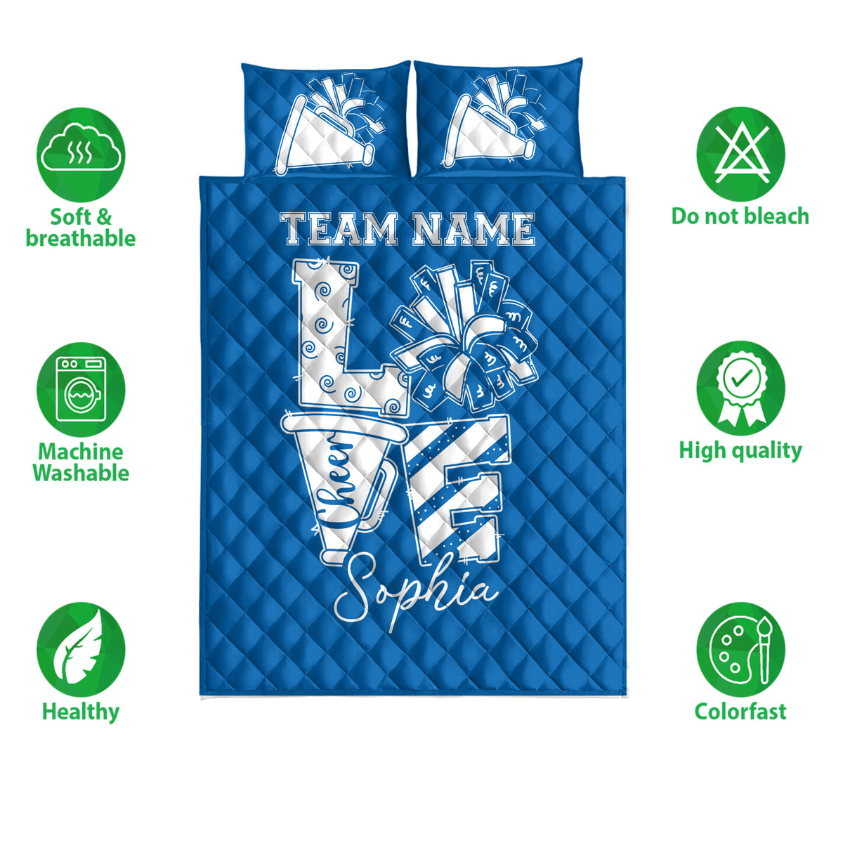 Blue cheerleading quilt blanket shown with soft breathable, washable, and colorfast feature icons