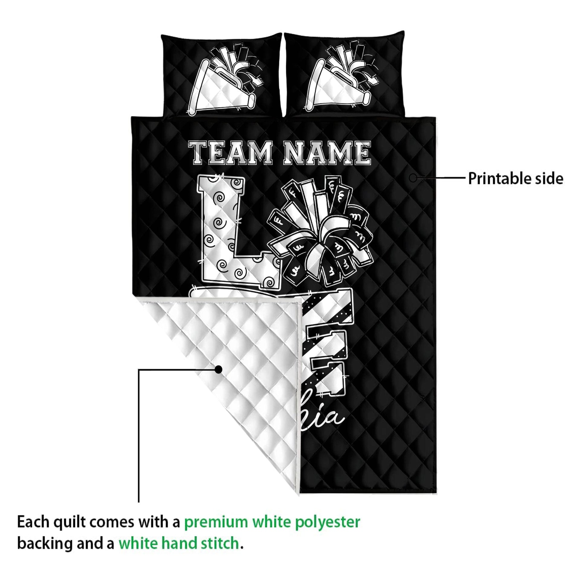 Black cheerleading quilt showing the printed front and white quilted backing in a detail presentation