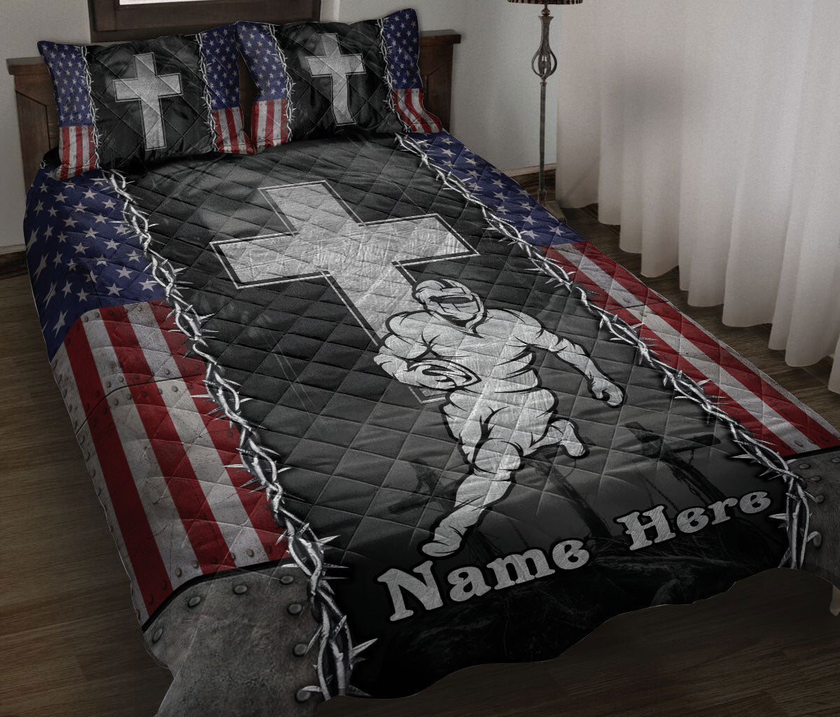 Football quilt bedding set with American football player artwork, crosses, stars, stripes, and rugged patriotic styling