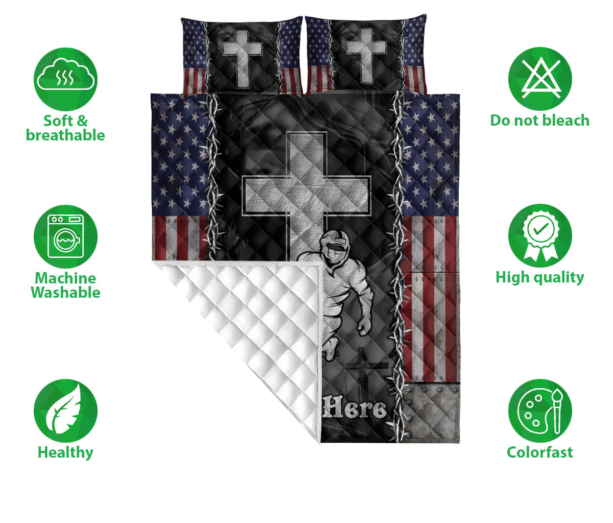 American football quilt blanket shown with patriotic artwork and visible soft, breathable, washable, and colorfast feature icons