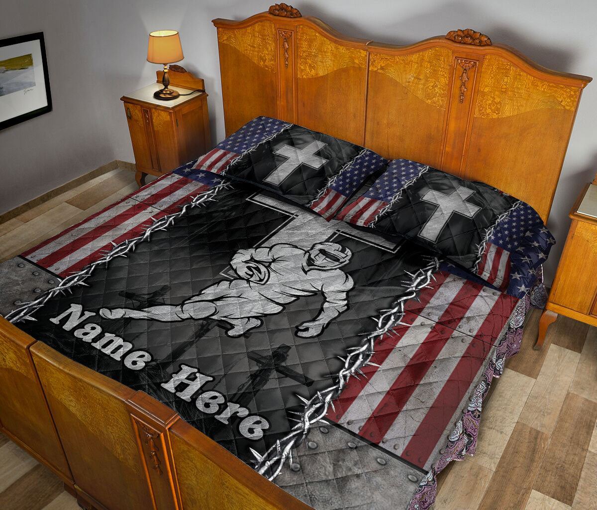 Patriotic football quilt bedding set styled on a bedroom with American football player and cross artwork