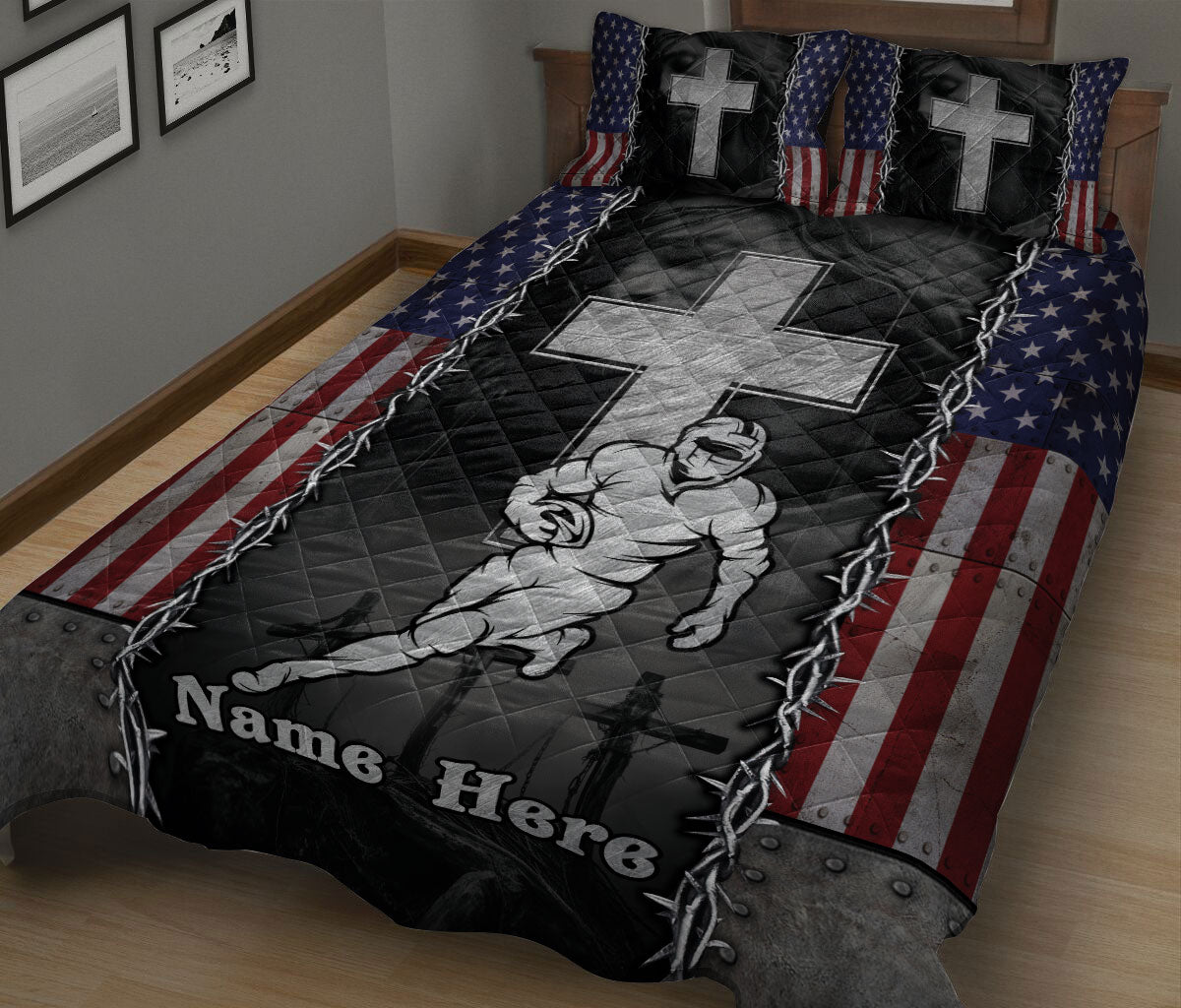 Football quilt blanket displayed on a bed with stars, stripes, crosses, and an American football player design