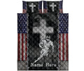 American football quilt bed set featuring a running player, large cross, patriotic stars and stripes, and rugged barbed wire accents