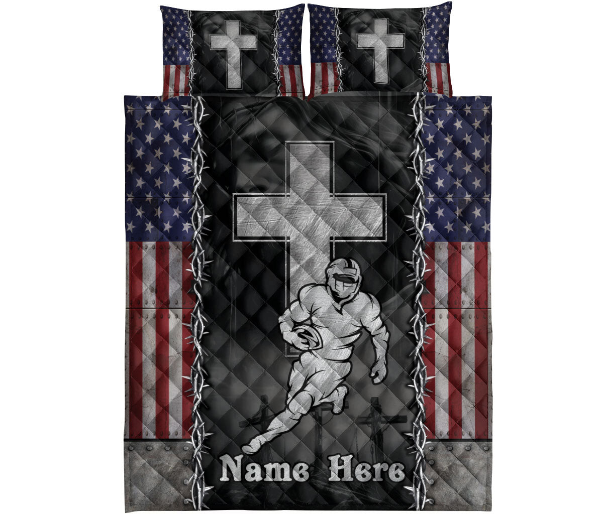 American football quilt bed set featuring a running player, large cross, patriotic stars and stripes, and rugged barbed wire accents