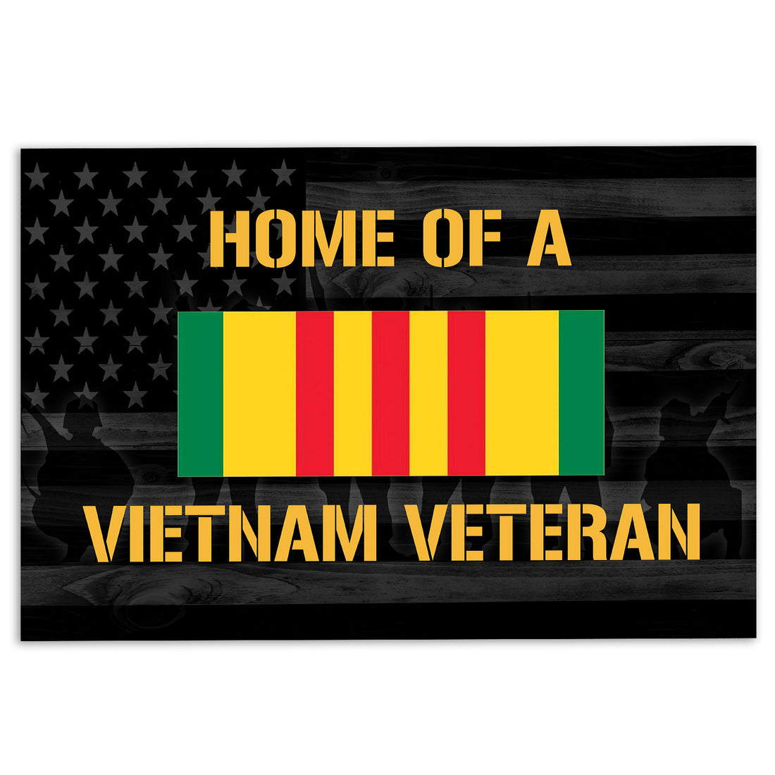 Vietnam Veteran doormat with patriotic stars, dark wood background, gold lettering, and red yellow green stripes