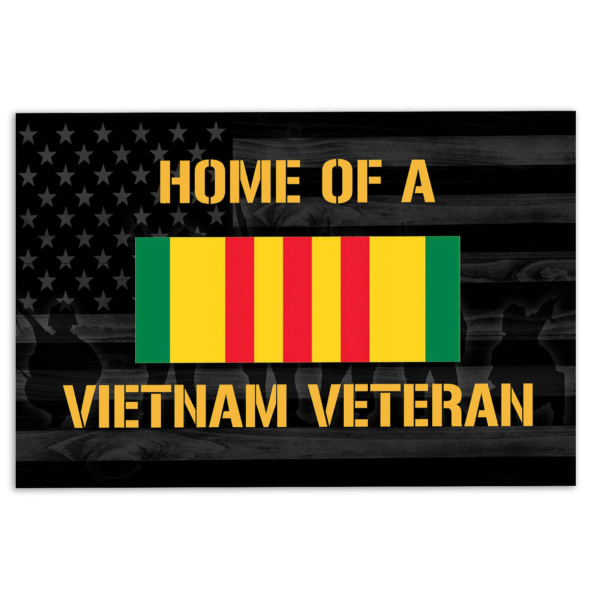 Vietnam Veteran doormat with patriotic stars, dark wood background, gold lettering, and red yellow green stripes