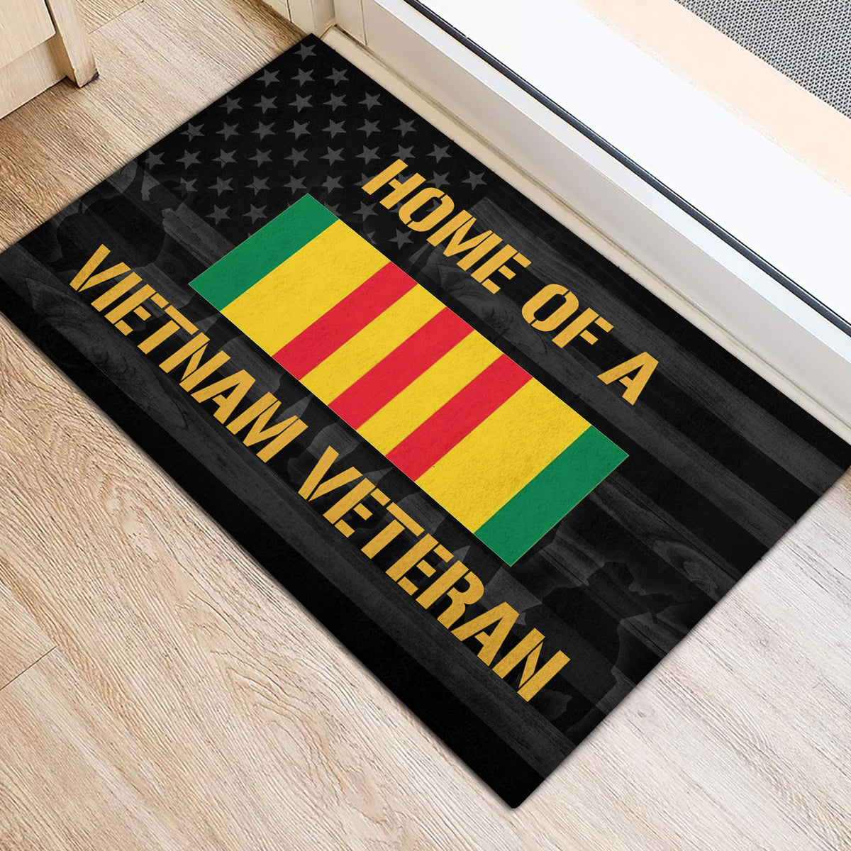 Vietnam Veteran entryway rug shown by a doorway with stars, bold gold lettering, and colorful stripes