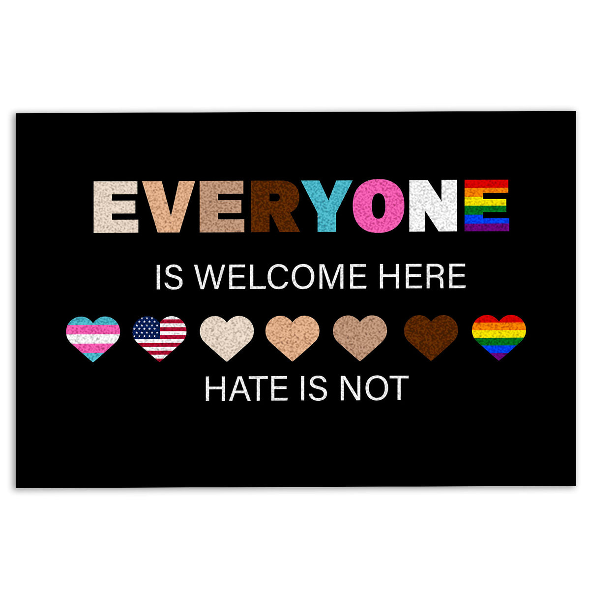 Black LGBT doormat with colorful hearts and an inclusive welcome message