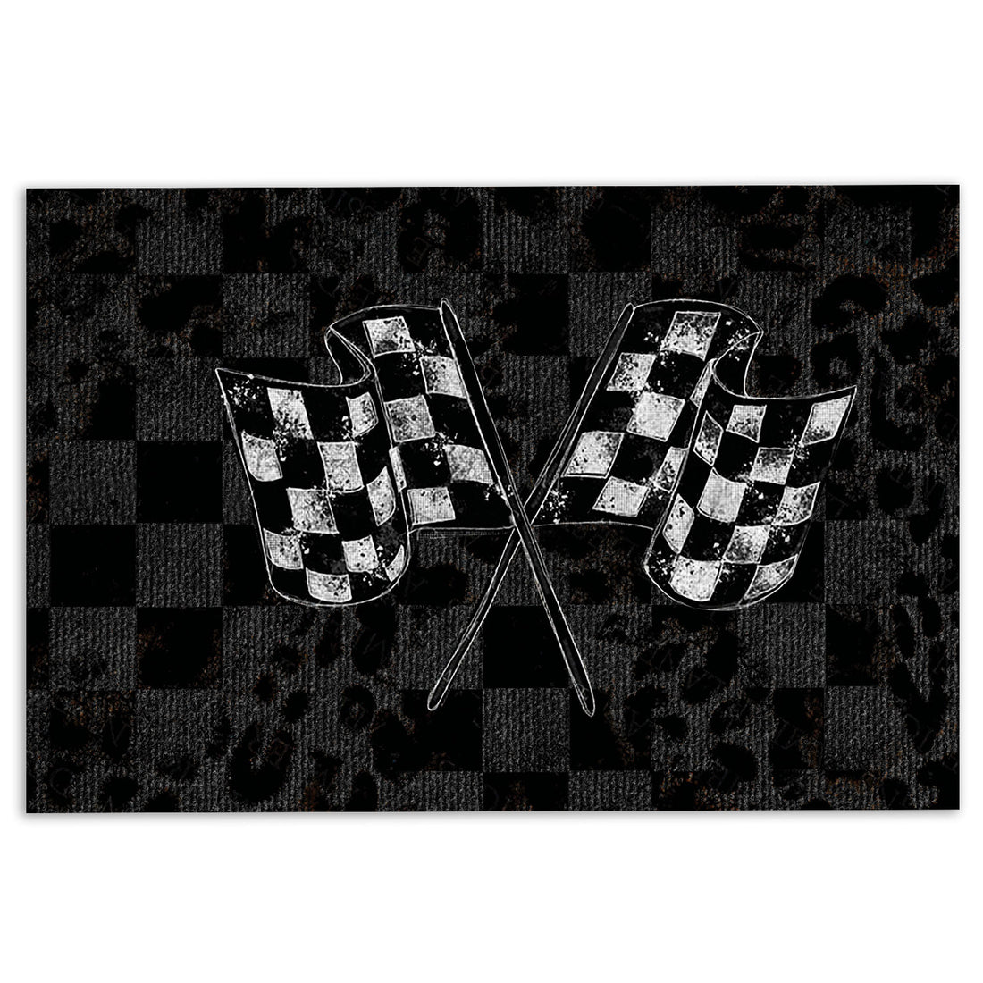 Racing doormat with crossed checkered flags on a black and gray checkered background