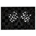 Racing doormat with crossed checkered flags on a black and gray checkered background