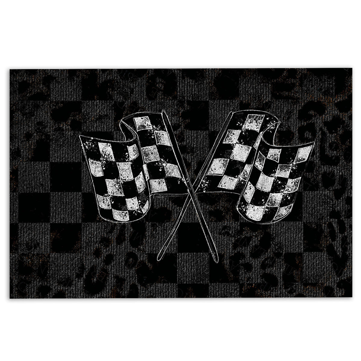 Racing doormat with crossed checkered flags on a black and gray checkered background