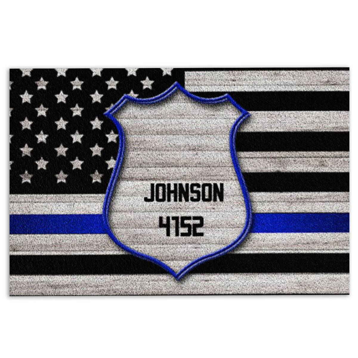 Police badge doormat with stars and stripes, black and gray flag design, and a blue accent stripe