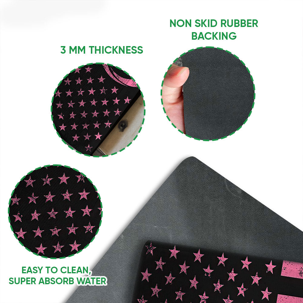 Feature view of pink ribbon breast cancer doormat artwork with a black rubber backing