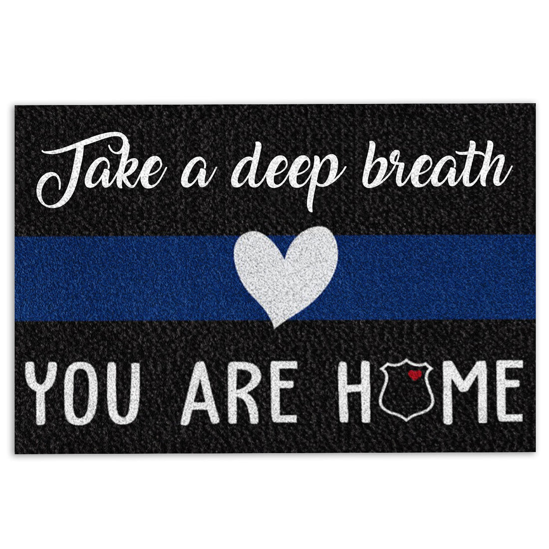 Police-themed doormat with a blue line, white heart, badge emblem, and welcoming message