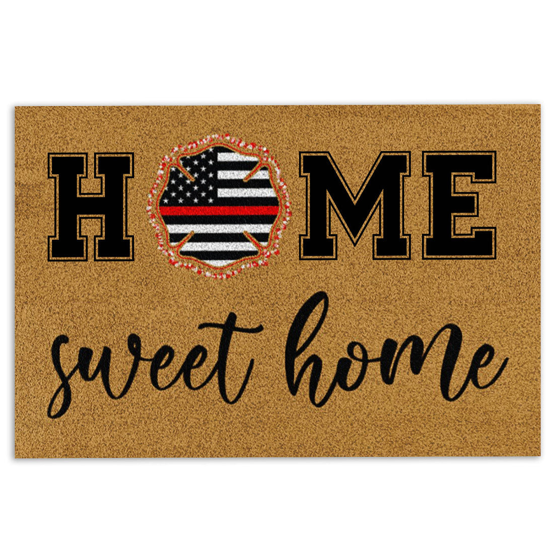 Firefighter doormat with a flag-inspired helmet emblem, bold black lettering, and a tan background