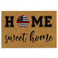 Firefighter doormat with a flag-inspired helmet emblem, bold black lettering, and a tan background