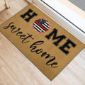 Flag-inspired firefighter helmet doormat positioned at an indoor doorway on light flooring