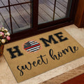 Firefighter entryway doormat shown near a glass door with a tan background and patriotic helmet design