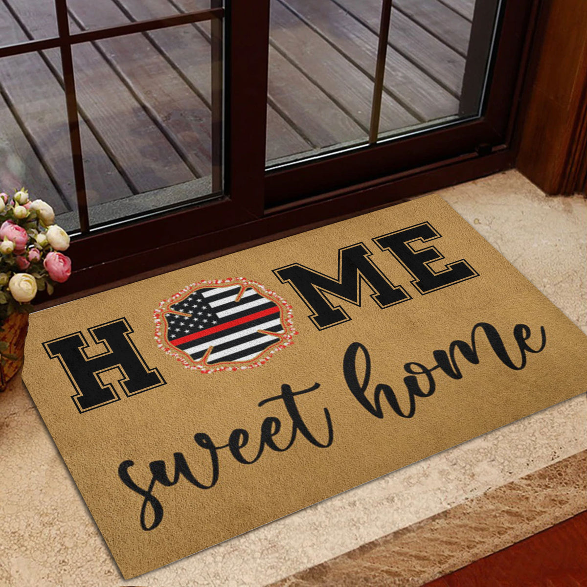 Firefighter entryway doormat shown near a glass door with a tan background and patriotic helmet design