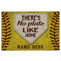 Softball doormat with yellow softball stitching, home plate artwork, and a welcoming entryway message