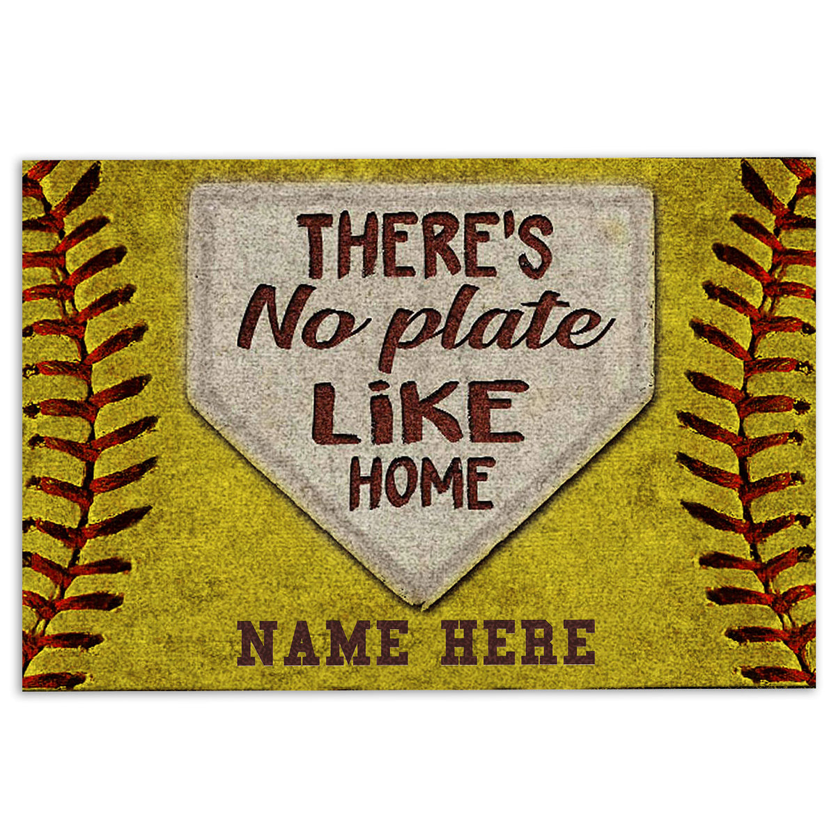 Softball doormat with yellow softball stitching, home plate artwork, and a welcoming entryway message