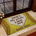 Softball doormat displayed near a glass door with yellow stitching and home plate artwork