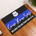 Police-themed doormat displayed by a white entry door on a wood floor