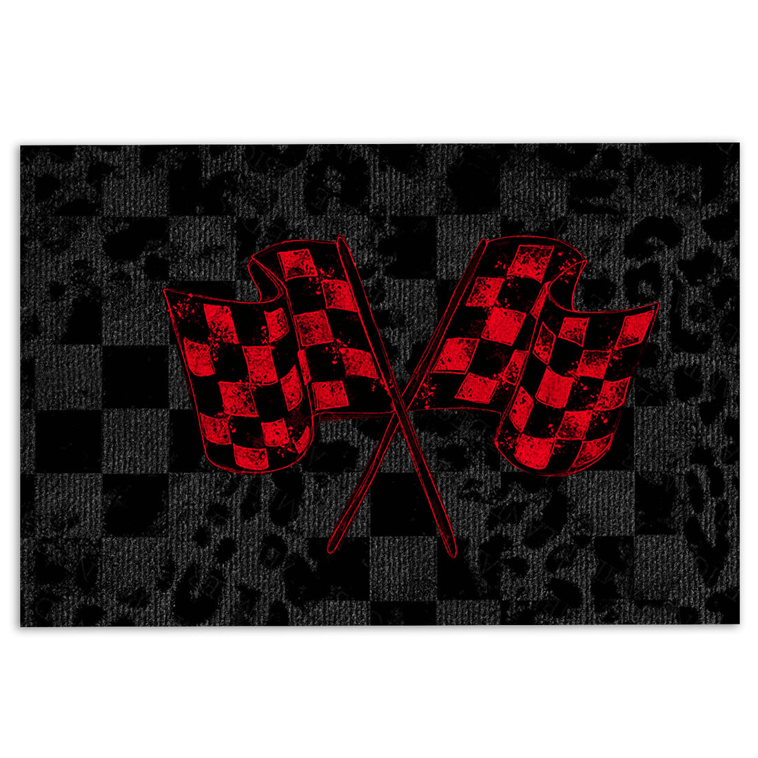 Black and red racing doormat featuring crossed checkered flags on a dark checkerboard background
