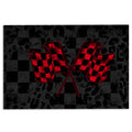 Black and red racing doormat featuring crossed checkered flags on a dark checkerboard background