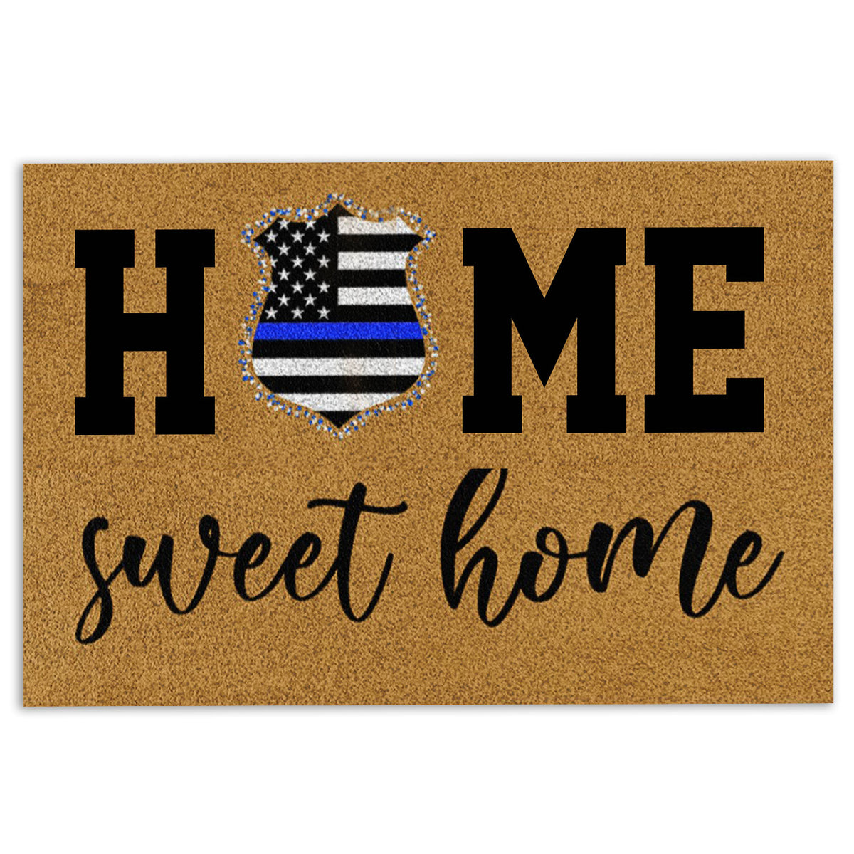 Tan police doormat featuring a badge with a blue line motif and bold welcome lettering