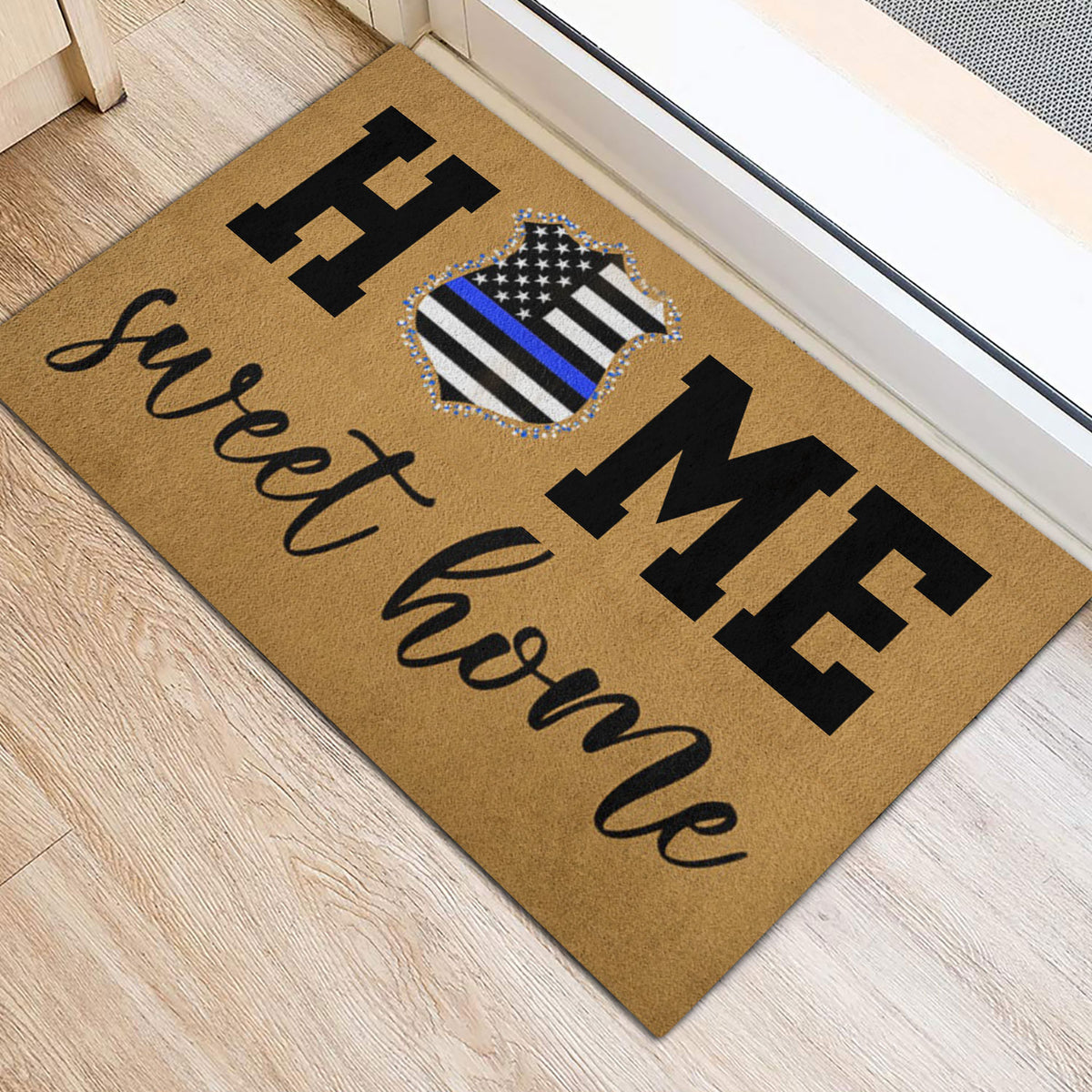 Police badge welcome mat positioned inside an entryway near a doorway
