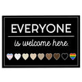 Black LGBT doormat with white welcome message, inclusive hearts, rainbow pride heart, and bordered design