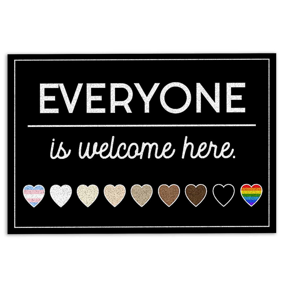 Black LGBT doormat with white welcome message, inclusive hearts, rainbow pride heart, and bordered design