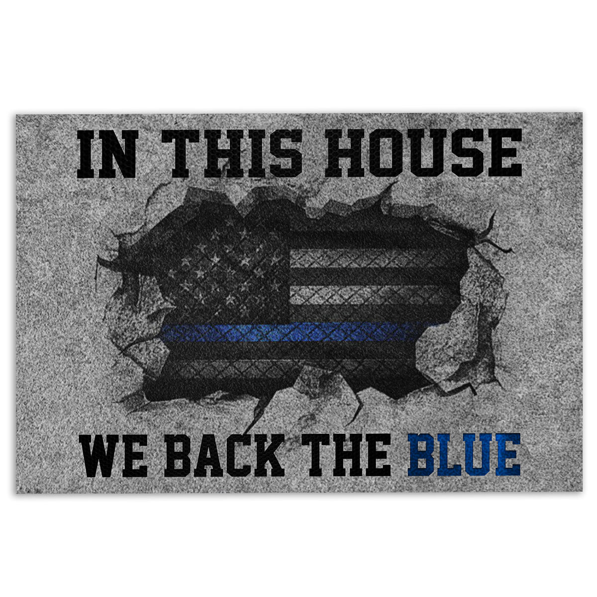 Police-themed doormat with a blue line emblem and bold black lettering on a gray background