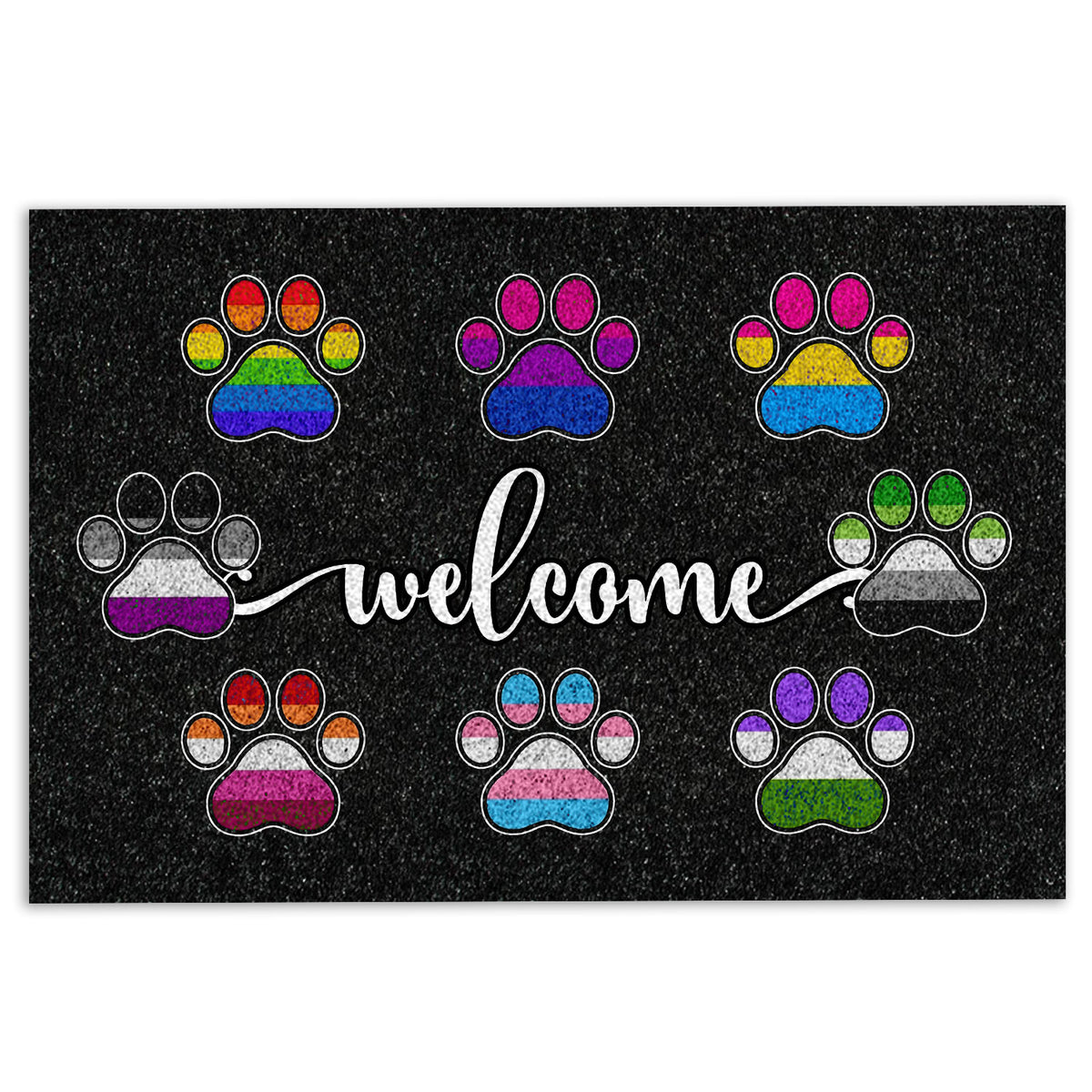 Black LGBT doormat with colorful pride-inspired paw prints and a white welcome message