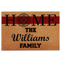 Firefighter family doormat with red stripe, fire department emblem, and bold black lettering