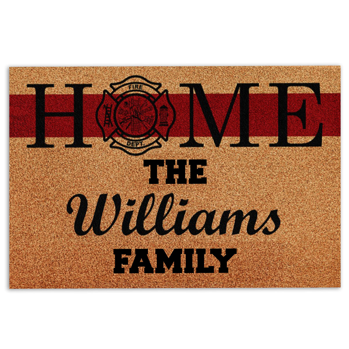 Firefighter family doormat with red stripe, fire department emblem, and bold black lettering
