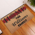 Firefighter-themed doormat displayed at an indoor entryway on warm wood flooring