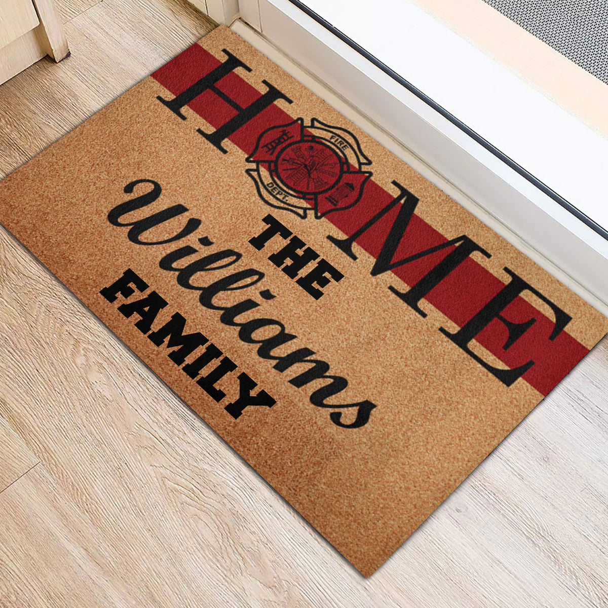 Firefighter emblem and red stripe doormat positioned beside a bright home entrance