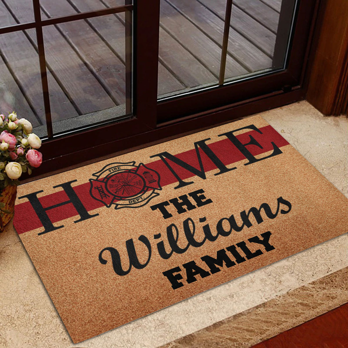 Firefighter family entryway mat shown beside a glass door in a warm home interior